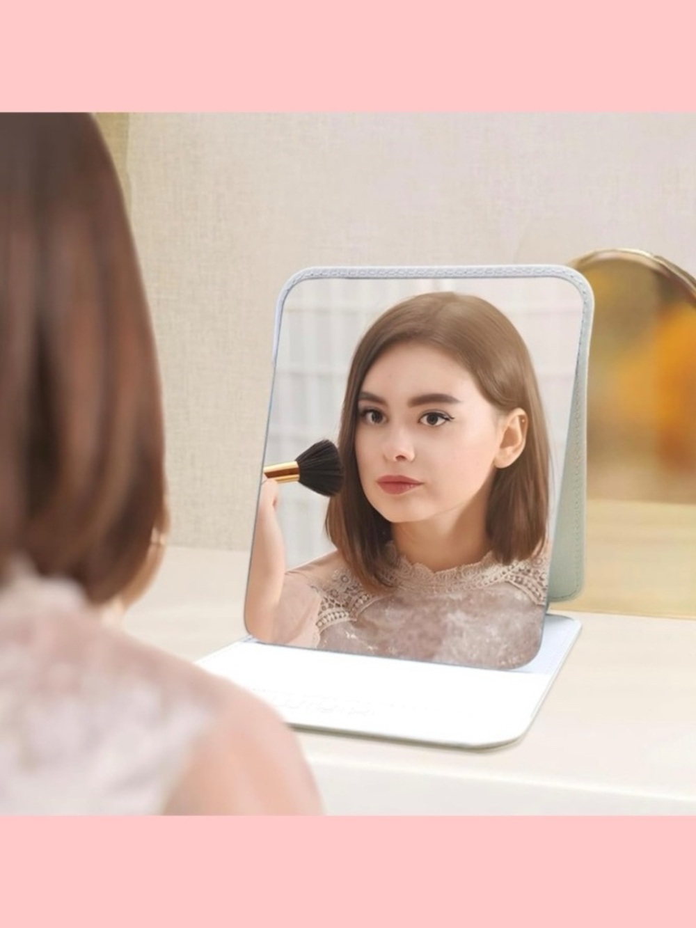 Portable, Folding Travel Makeup Mirror White PU Cover Adjustable Rectangular